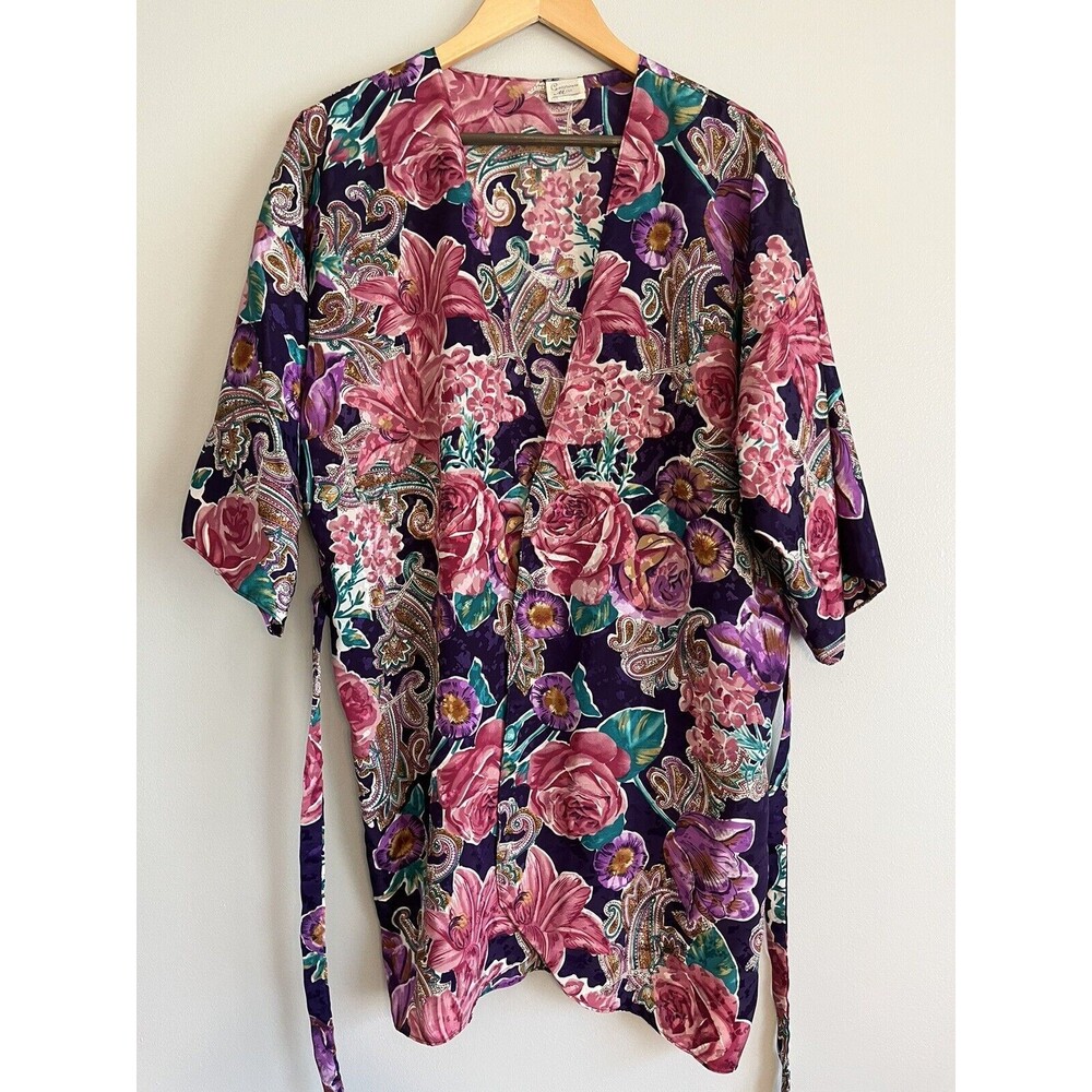 VTG California Miss Purple Red Floral Robe Kimono Tie Waist Sash Sz L